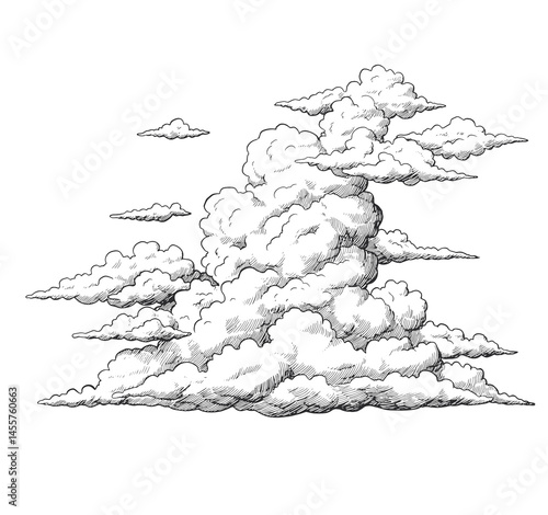 Cloud and cloudiness vintage sketches. Vector hand drawn sky of ancient engraved fluffy clouds, antique map elements