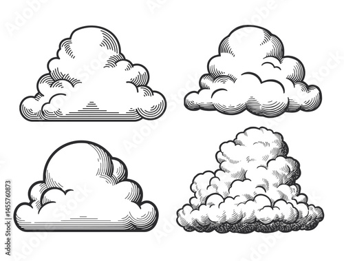 Cloud and cloudiness vintage sketches. Vector hand drawn sky of ancient engraved fluffy clouds, antique map elements