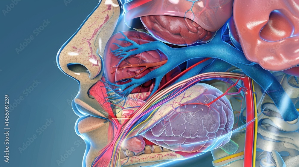 Fototapeta premium Anatomical Illustration of Human Head with Internal Organs and Systems