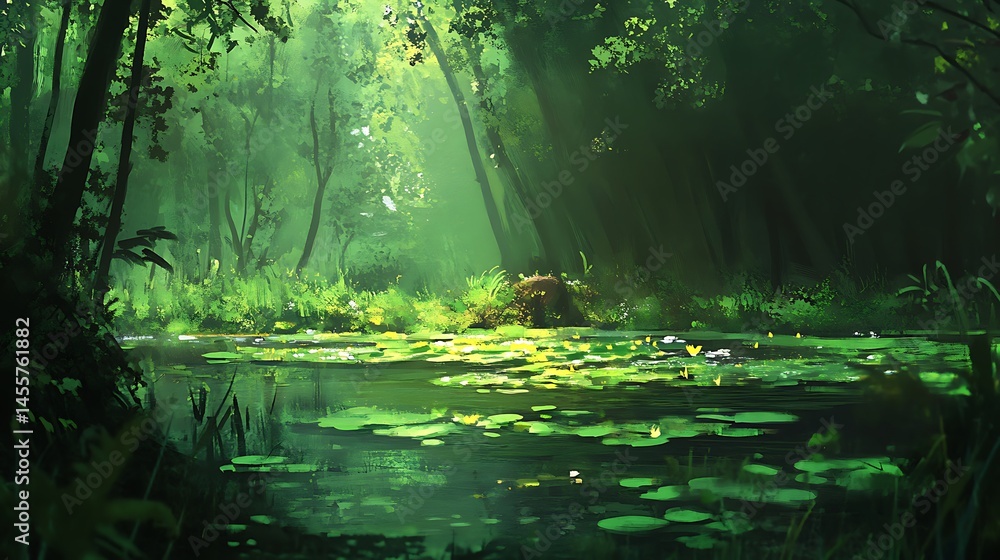 Naklejka premium Serene Green Pond Surrounded By Forest With Lily Pads and Sunlight Painting