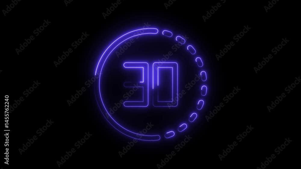 Neon style thirty second countdown timer isolated on black background Neon style thirty second countdown timer isolated on black background