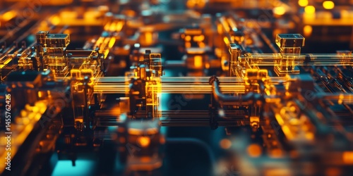 Highly detailed image of computer hardware components on a silicon chip circuit board.