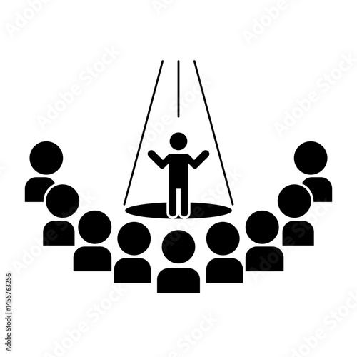 Public speaker in spotlight with attention of the masses silhouette icon. Vector.