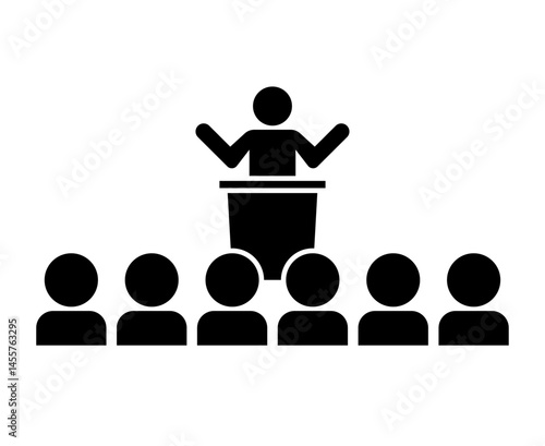 Person speaking at podium and mass silhouette icon. Vector.