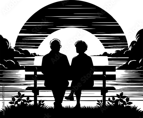 Senior couple watching sunset against tranquil lake background  