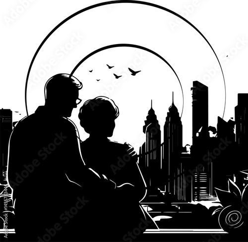 Senior couple watching sunset against a city skyline - 70.eps  