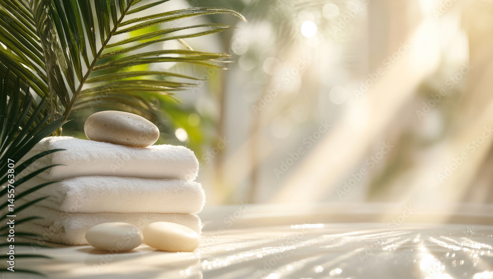 Obraz premium Soft white towels are neatly stacked beside smooth spa stones, surrounded by lush green foliage, creating serene and tranquil atmosphere perfect for relaxation and rejuvenation
