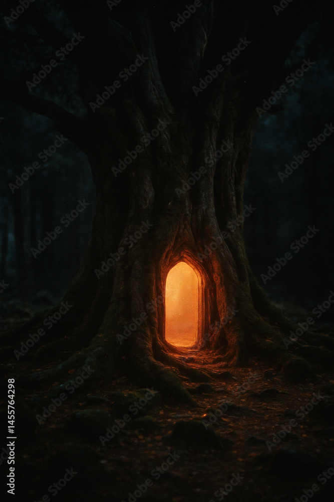 Enigmatic Tree Portal: A mysterious doorway illuminated with a warm glow, beckoning into an unknown world. Enigmatic Tree Portal: A mysterious doorway illuminated with a warm glow, beckoning into an unknown world.