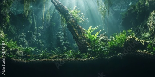 Lush underwater jungle teeming with plants and possibly marine life, illuminated by sunlight filtering through the water. Ideal for nature photographers or as stock image for ecological content.