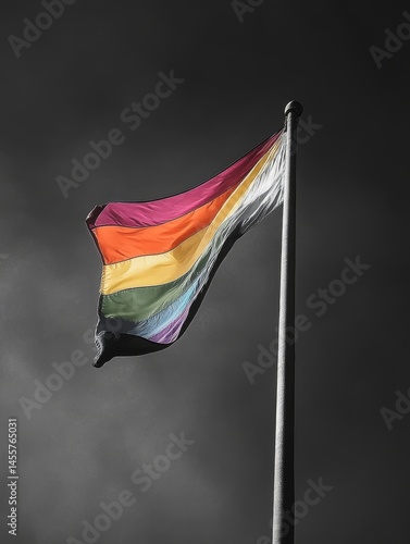 A rainbow flag is flying on a pole. The flag is colorful and vibrant, representing the diversity and inclusivity of the LGBTQ community. Concept of pride and unity