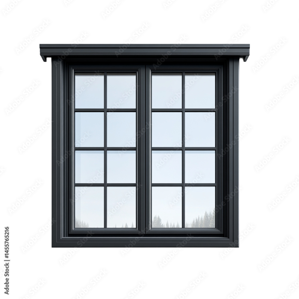 Modern double window with sleek black frame, featuring multiple panes and minimalist design. window offers view of serene landscape, enhancing aesthetic of any space Modern double window with sleek black frame, featuring multiple panes and minimalist design. window offers view of serene landscape, enhancing aesthetic of any space