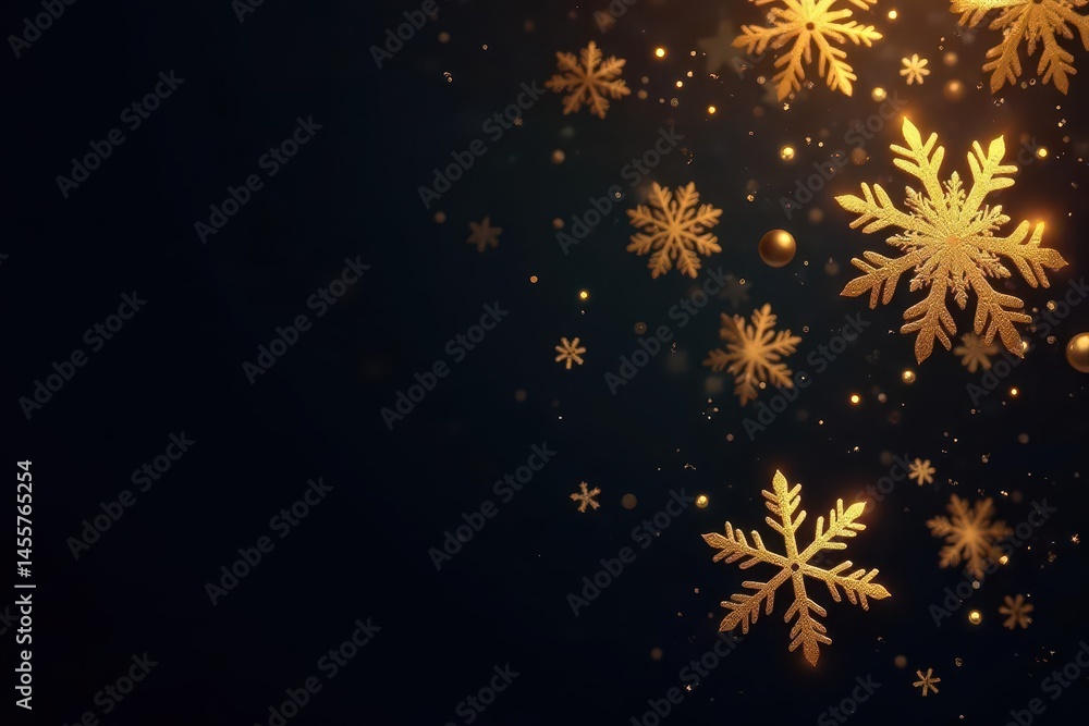 Intricate golden snowflakes gently descend on a deep black background , illustration, pattern, magical Intricate golden snowflakes gently descend on a deep black background , illustration, pattern, magical