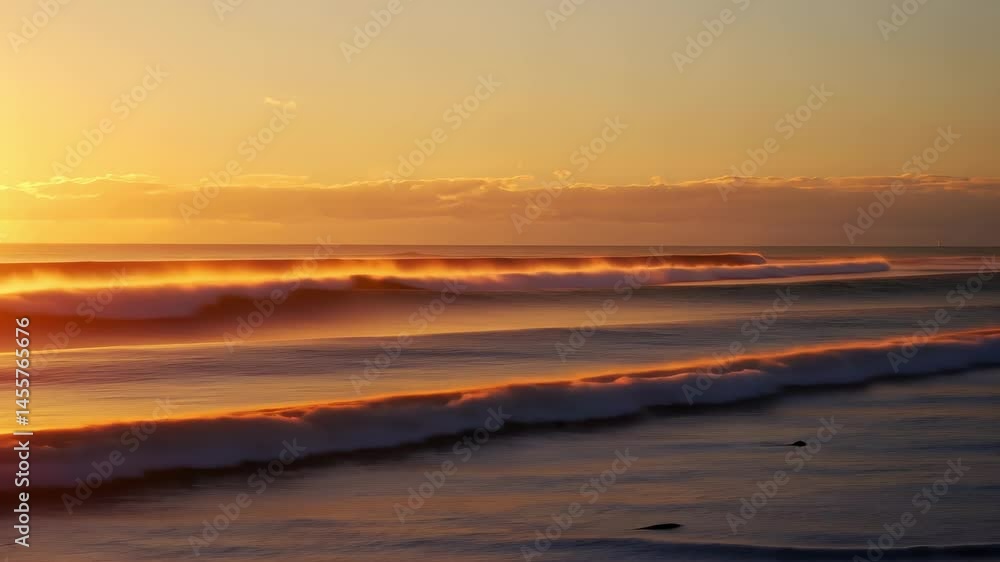The ocean is calm and the sky is orange. The sun is setting and the waves are small The ocean is calm and the sky is orange. The sun is setting and the waves are small