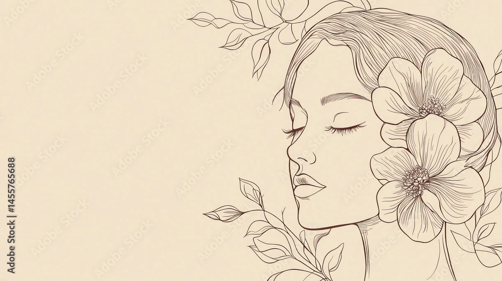 Line art of a mother figure with minimalist florals for elegant card design Line art of a mother figure with minimalist florals for elegant card design