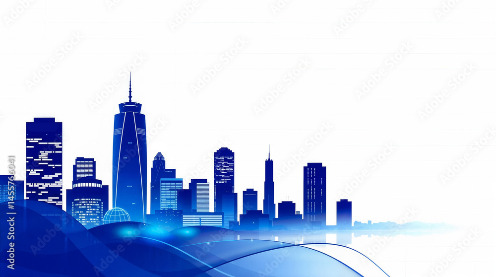 Fototapeta premium Abstract banner in blue tones with cityscape skyscrapers silhouettes for business theme