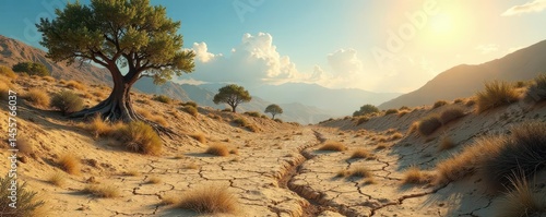 Sun-baked, cracked earth; sparse scrub; stumps mark vanished trees , destroyed habitat, arid