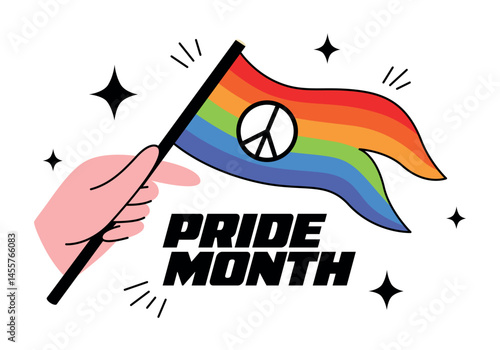 Hand holding rainbow flag of Pride LGBT in retro cartoon style. Groovy vector art, Hand gestures, symbol of love and friendship, pride June month celebrate, support, freedom, gay, lesbian, trans.