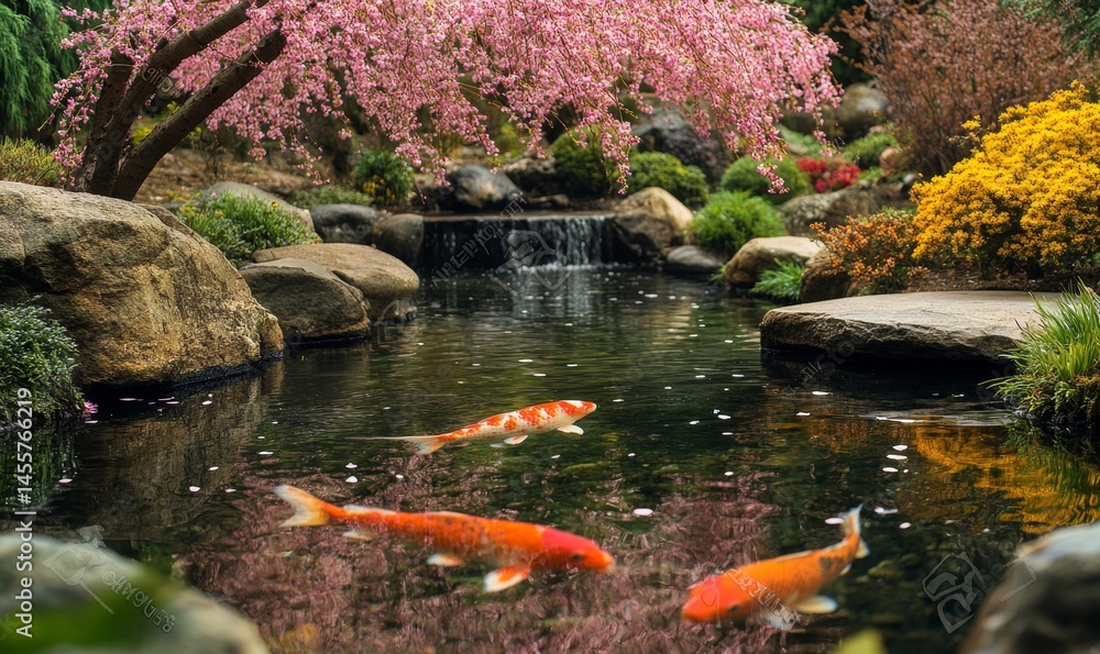 tranquil garden where a koi pond reflects the vibrant colors of blooming cherry blossoms, Generative AI tranquil garden where a koi pond reflects the vibrant colors of blooming cherry blossoms, Generative AI