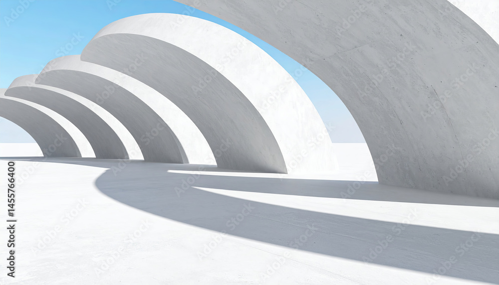 Fototapeta premium Modern architectural design features curved concrete structures casting shadows on bright, minimalist landscape. interplay of light and shadow creates serene atmosphere