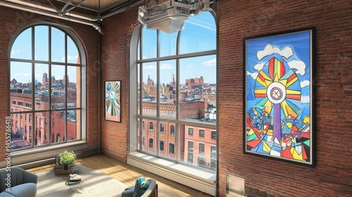Sunlit urban apartment with brick wall interior design bright artwork and cityscape view through industrial style arched windows
