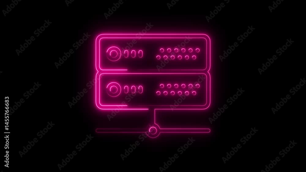 Pink neon server rack icon on a black background for tech videos Pink neon server rack icon on a black background for tech videos