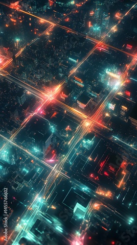 Aerial view of a smart city grid at night with light patterns