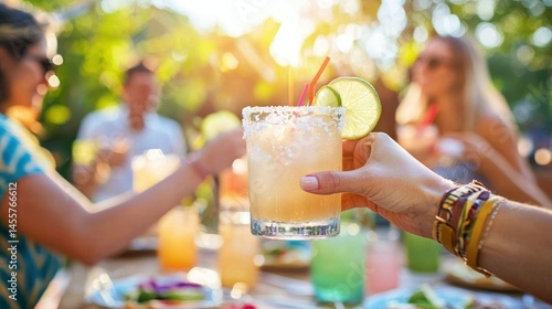 People enjoying tacos and margaritas at a Cinco de Mayo party in a vibrant, outdoor setting