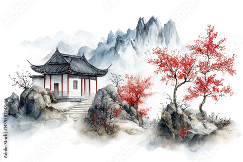 Tranquil Asian Landscape with Traditional Architecture, Autumn Foliage, Serene Mountains, and Peaceful Natural Elements in Watercolor Style