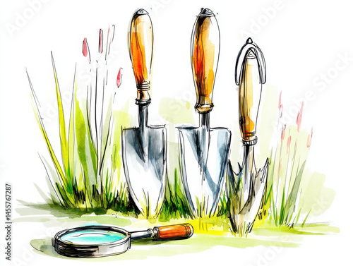 Gentle watercolor of gardening tools including trowels and magnifier, surrounded by green grass and delicate plants, evokes sense of tranquility and connection to nature