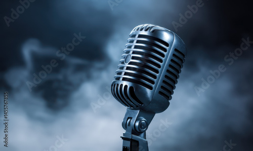 Vintage performance microphone in dramatic misty stage atmosphere, capturing essence of music and creativity. microphone stands tall, ready to amplify voices and emotions