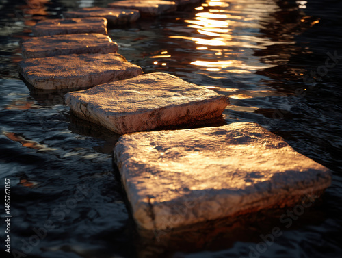 Sunset light bathes stone tiles leading across serene water, creating tranquil atmosphere. reflection enhances beauty of scene, inviting calm and peace