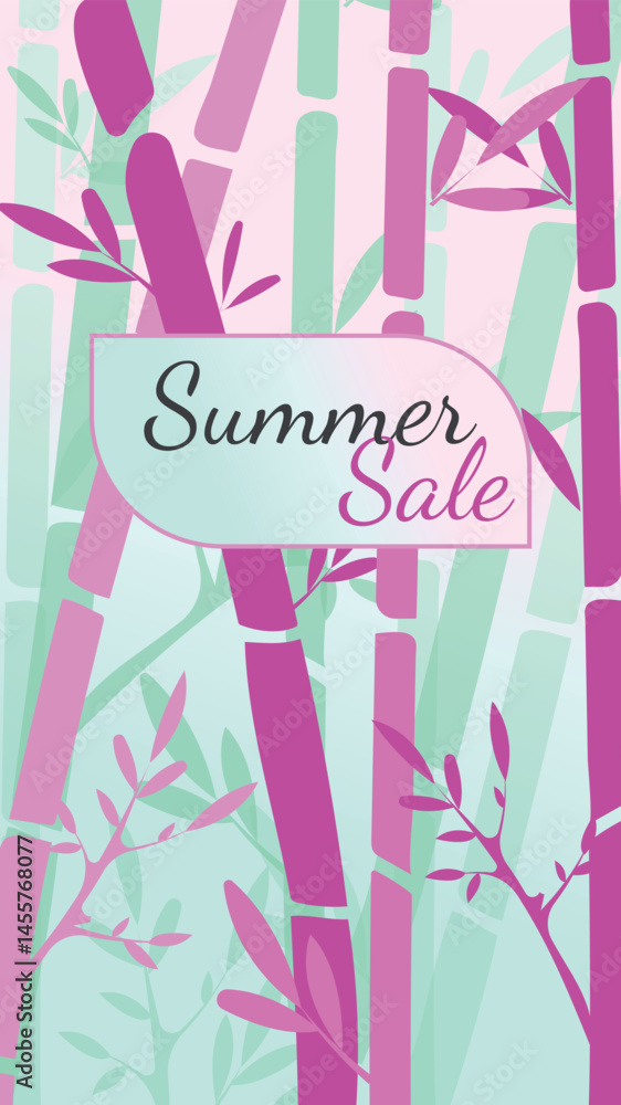 Colorful summer sale banner with bamboo and leaves. Bright pink and mint palette, vector vertical layout for social media, mobile promotions or advertising flyers.