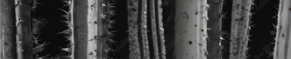 Fototapeta premium Black and white close-up of a cactus's textured surface in a garden , design, photography