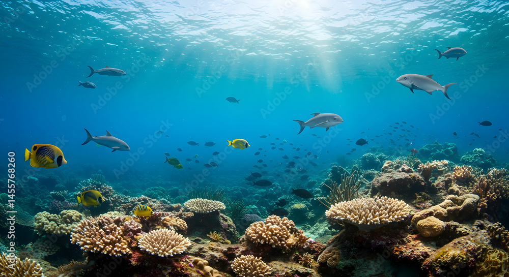 Fototapeta premium Underwater Coral Reef Scene with Various Fish Swimming in Clear Blue Water
