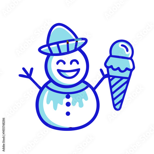 Happy snowman holding an ice cream cone against a white background  