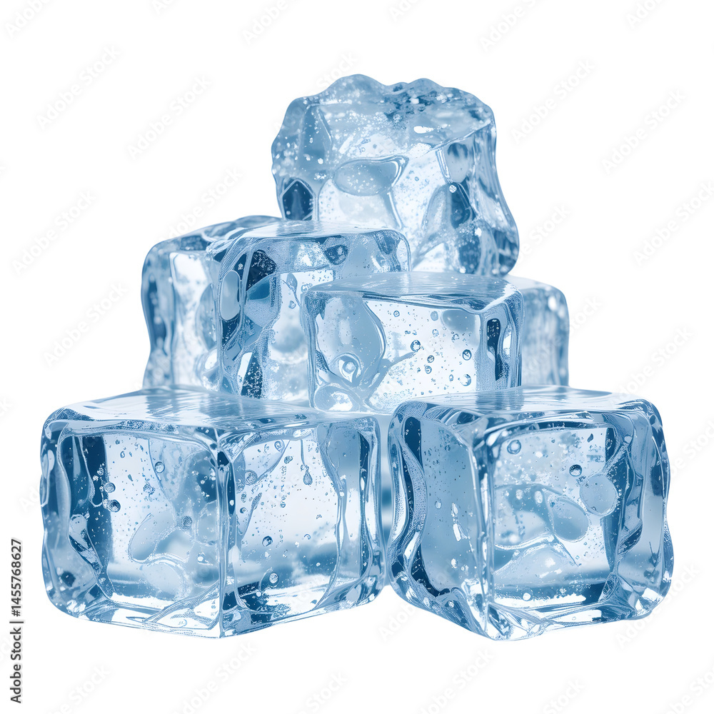 Ice cubes with bubbles inside, slightly melting with reflections, isolated on white or transparent background. Ice cubes with bubbles inside, slightly melting with reflections, isolated on white or transparent background.