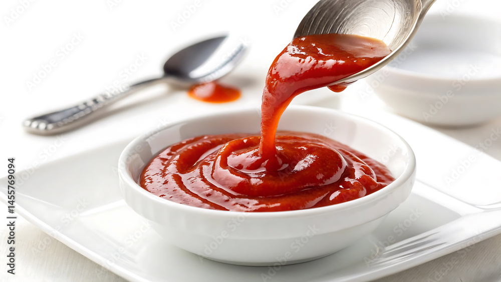 Glossy Ketchup Dripping from Spoon onto Clean White Plate Glossy Ketchup Dripping from Spoon onto Clean White Plate