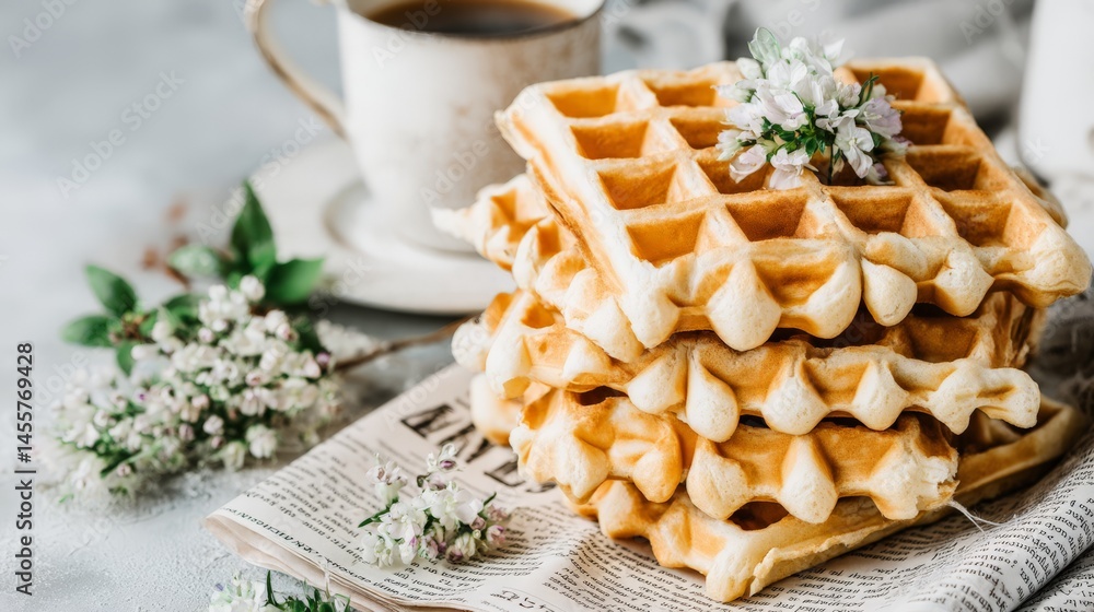 Fototapeta premium Side View of Golden Waffles Stacked with Coffee and Flowers on Newspaper