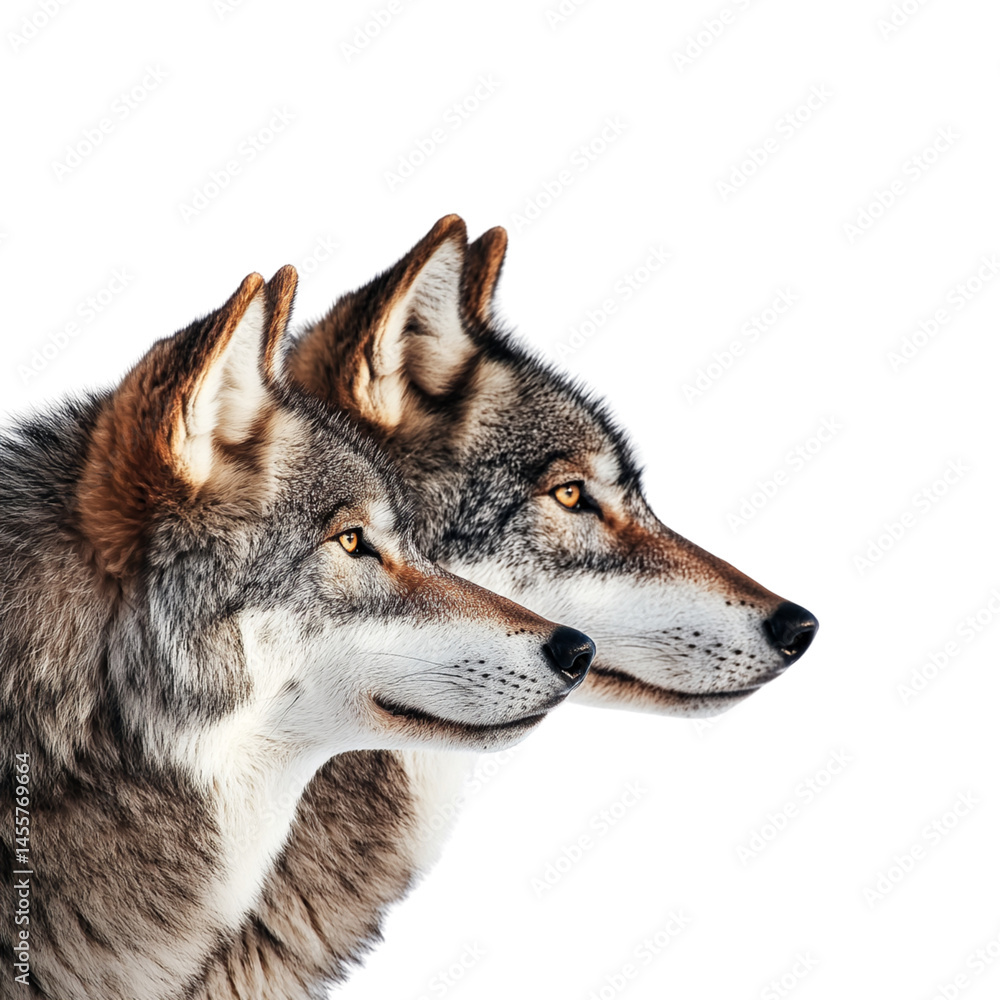 Fototapeta premium Two wolves with striking features and intense eyes are positioned side by side, showcasing their majestic fur and keen expressions. Their presence evokes sense of wild beauty and strength