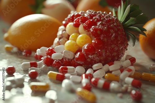 Conceptual 3D render showing fruit overcoming pharmaceuticals