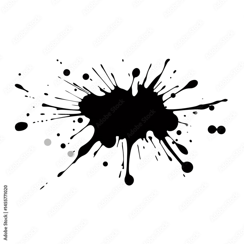 Black ink splash with dynamic droplets and splatters, creating artistic and expressive design element. This versatile graphic can be used in various creative projects Black ink splash with dynamic droplets and splatters, creating artistic and expressive design element. This versatile graphic can be used in various creative projects