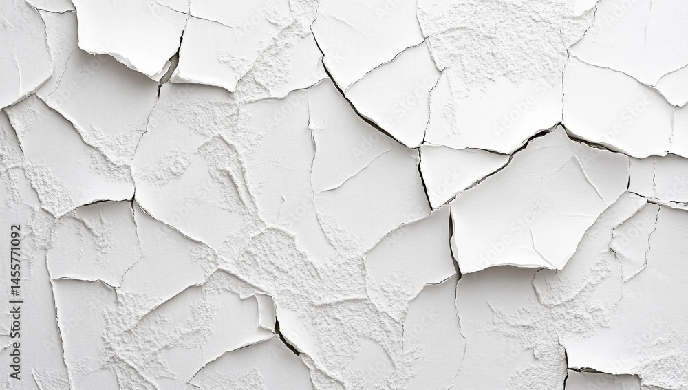Cracked white wall texture with peeling paint creates visually striking pattern, evoking sense of age and wear. intricate details of cracks add depth and character to surface Cracked white wall texture with peeling paint creates visually striking pattern, evoking sense of age and wear. intricate details of cracks add depth and character to surface