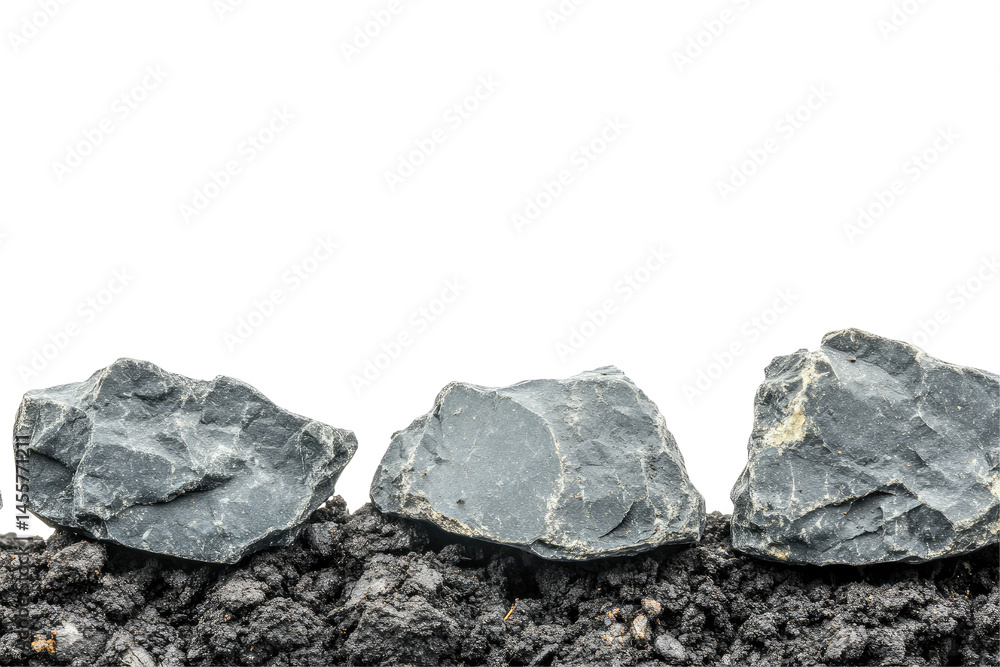 Three grey rocks resting on dark soil Three grey rocks resting on dark soil