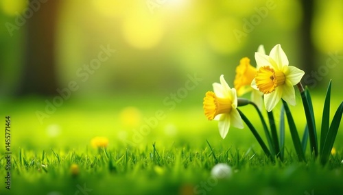 Soft green grass with blooming daffodils, sunny day , sunny, flora, springtime