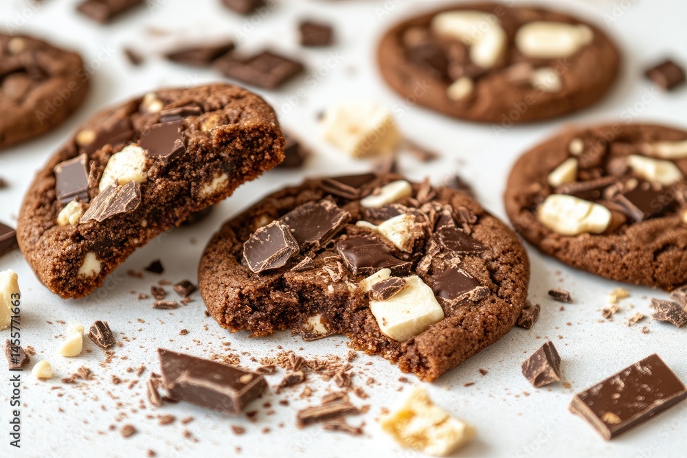 Chocolate chip cookies with milk and dark chocolate chunks, scattered on a white surface. A broken cookie displays the gooey interior Chocolate chip cookies with milk and dark chocolate chunks, scattered on a white surface. A broken cookie displays the gooey interior