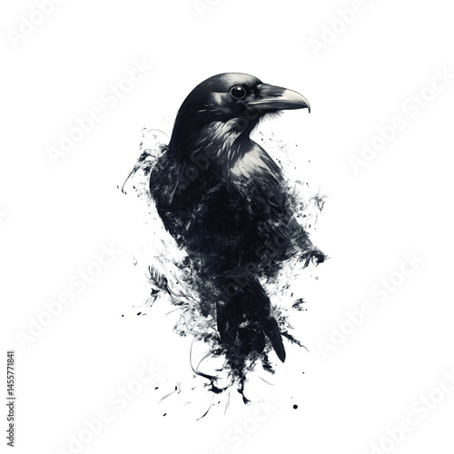 striking black raven illustration with splash of abstract colors in background, showcasing bird detailed features and dark elegance. artwork evokes sense of mystery and intrigue