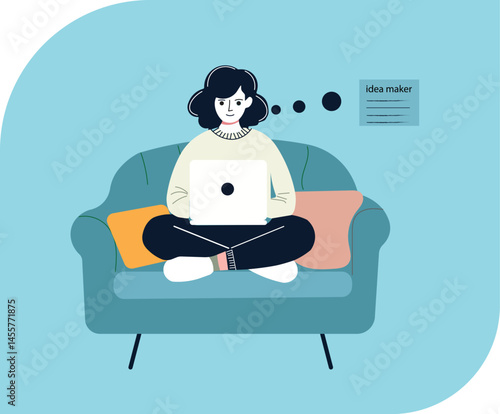 Comfortable remote work setup. Woman working on a laptop from a cozy armchair at home. Work from home, freelance, and flexible work lifestyle concept.