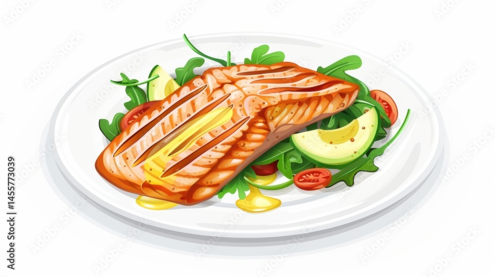 Grilled Salmon Fillet Served on Fresh Green Salad with Vegetables Grilled Salmon Fillet Served on Fresh Green Salad with Vegetables