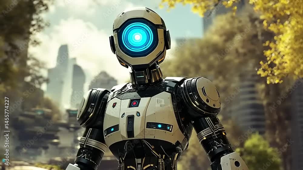 Futuristic Robot Contemplating the Cityscape Amidst Nature's Embrace Futuristic Robot Contemplating the Cityscape Amidst Nature's Embrace
