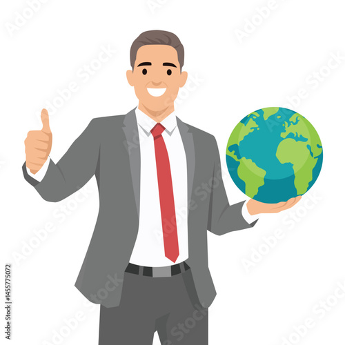 Smiling businessman in a suit confidently holds a globe in one hand and gives a thumbs up. Flat vector illustration isolated on white background